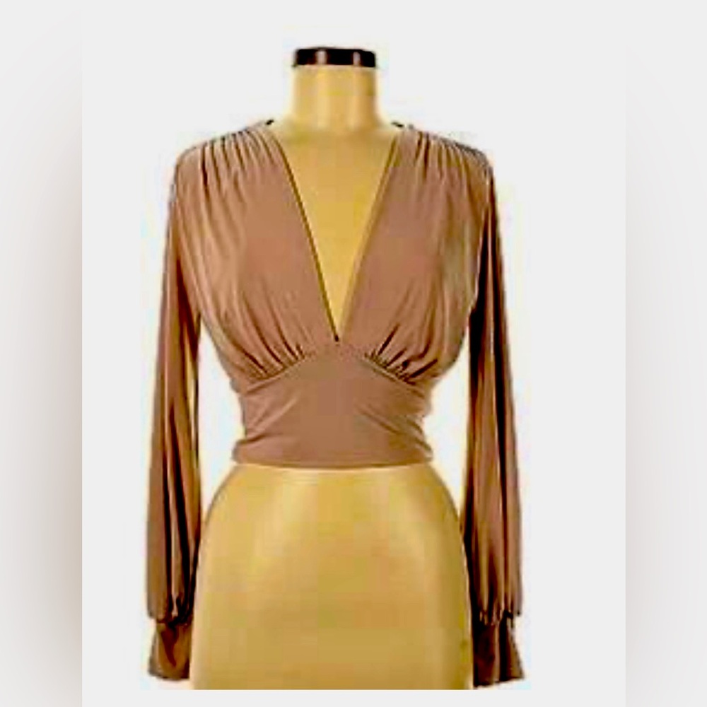21 Saints Women's ruched Crop Top Plunging V-Neck Sexy Classic Tan Size S